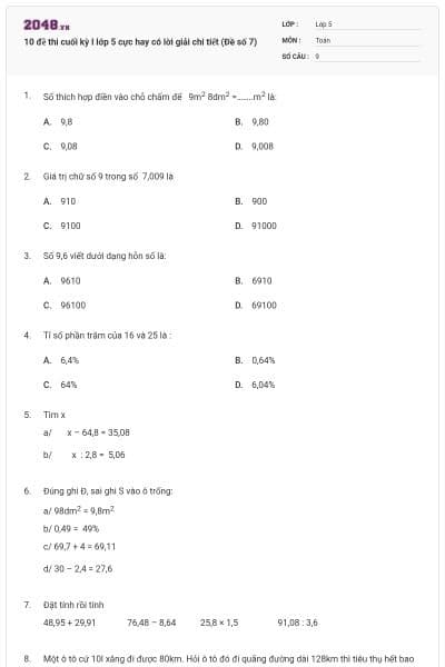 10 đề thi cuối kỳ I lớp 5 cực hay có lời giải chi tiết (Đề số 7)