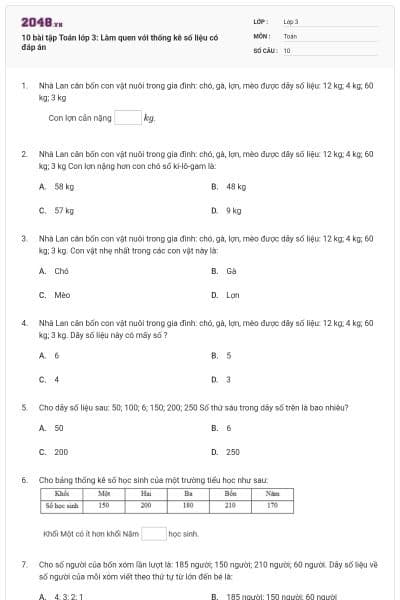 10 bài tập Toán lớp 3: Làm quen với thống kê số liệu có đáp án