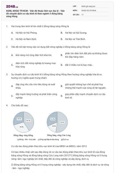 ĐGNL ĐHQG TP.HCM - Vấn đề thuộc lĩnh vực địa lý - Vấn đề chuyển dịch cơ cấu kinh tế theo ngành ở đồng bằng sông Hồng