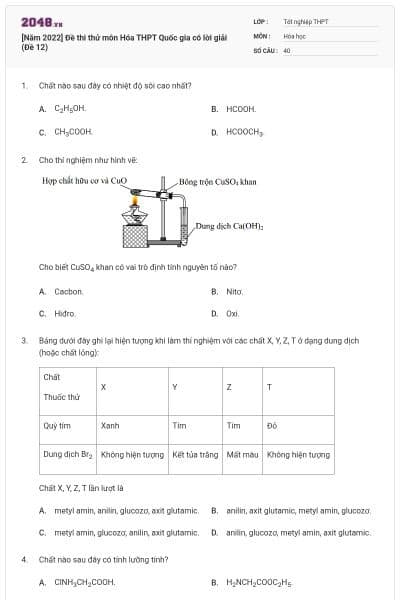 [Năm 2022] Đề thi thử môn Hóa THPT Quốc gia có lời giải (Đề 12)