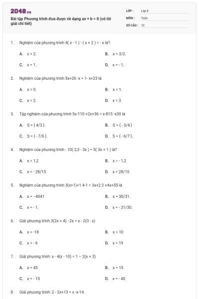 Bài tập Phương trình đưa được về dạng ax + b = 0 (có lời giải chi tiết)