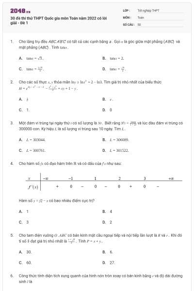 30 đề thi thử THPT Quốc gia môn Toán năm 2022 có lời giải - Đề 1