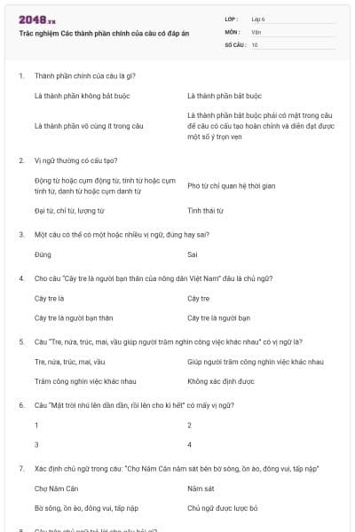 Trắc nghiệm Các thành phần chính của câu có đáp án