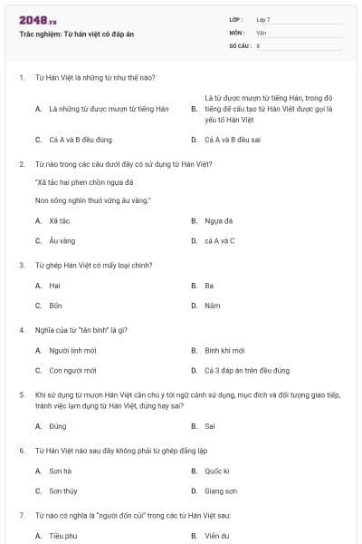 Trắc nghiệm: Từ hán việt có đáp án