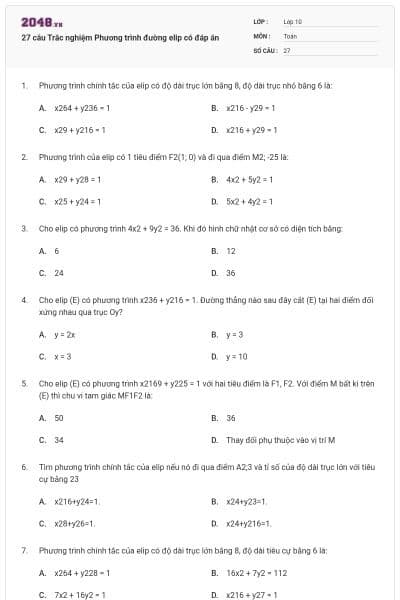 27 câu  Trắc nghiệm Phương trình đường elip có đáp án