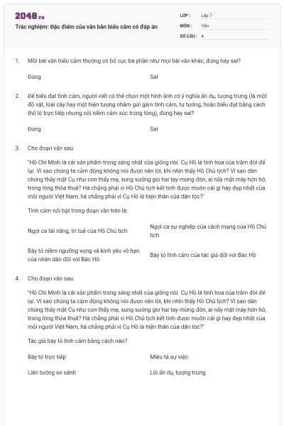 Trắc nghiệm: Đặc điểm của văn bản biểu cảm có đáp án