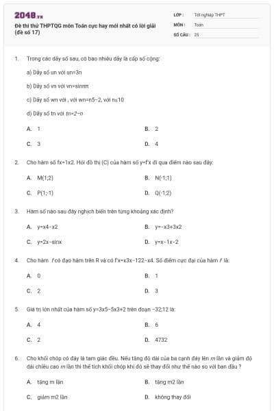 Đè thi thử THPTQG môn Toán cực hay mới nhất có lời giải (đề số 17)