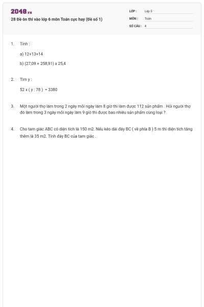 28 Đề ôn thi vào lớp 6 môn Toán cực hay (Đề số 1)