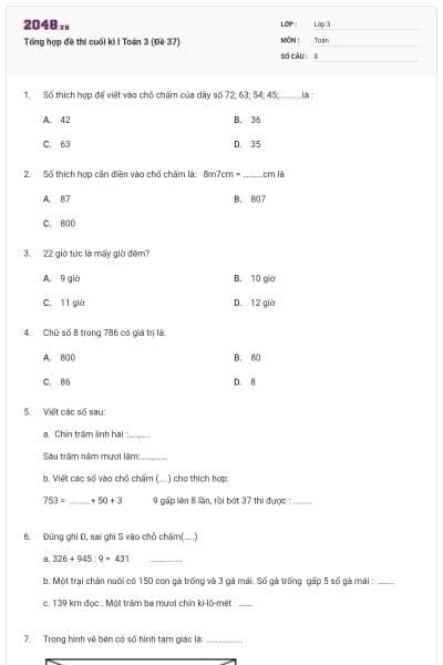 Tổng hợp đề thi cuối kì I Toán 3 (Đề 37)