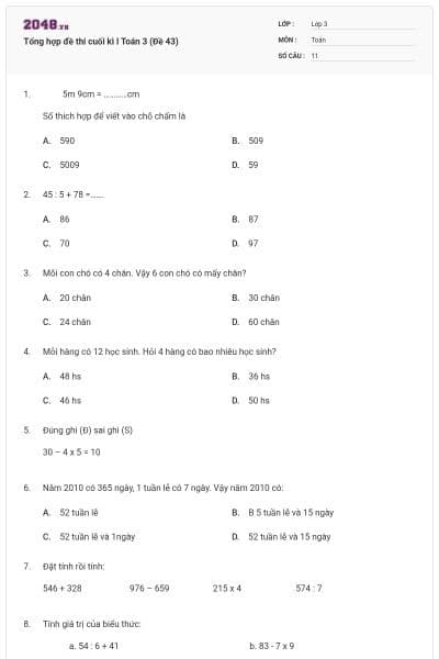 Tổng hợp đề thi cuối kì I Toán 3 (Đề 43)