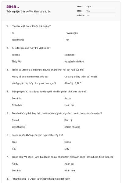 Trắc nghiệm Cây tre Việt Nam có đáp án
