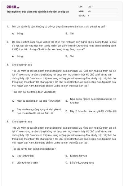 Trắc nghiệm: Đặc điểm của văn bản biểu cảm có đáp án