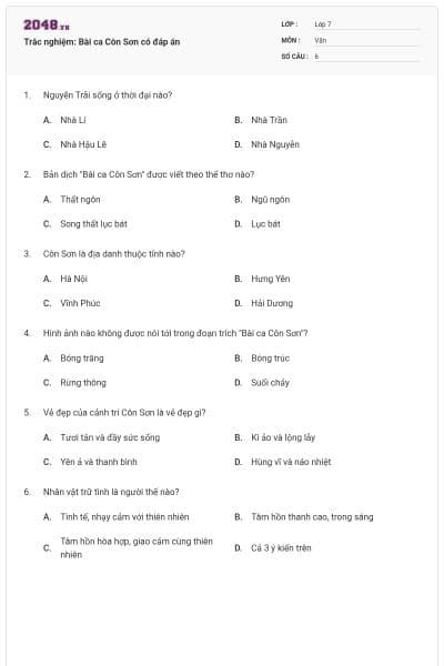 Trắc nghiệm: Bài ca Côn Sơn có đáp án