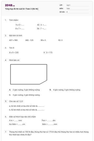 Tổng hợp đề thi cuối kì I Toán 3 (Đề 46)
