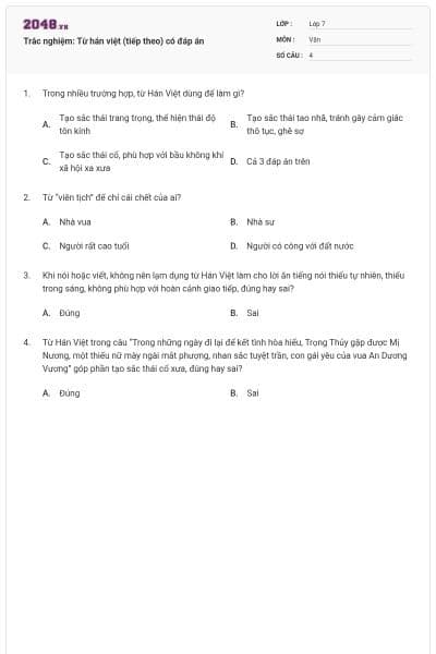 Trắc nghiệm: Từ hán việt (tiếp theo) có đáp án