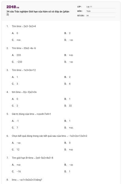 34 câu Trắc nghiệm Giới hạn của hàm số có đáp án (phần 2)