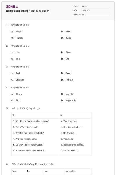 Bài tập Tiếng Anh lớp 4 Unit 13 có đáp án