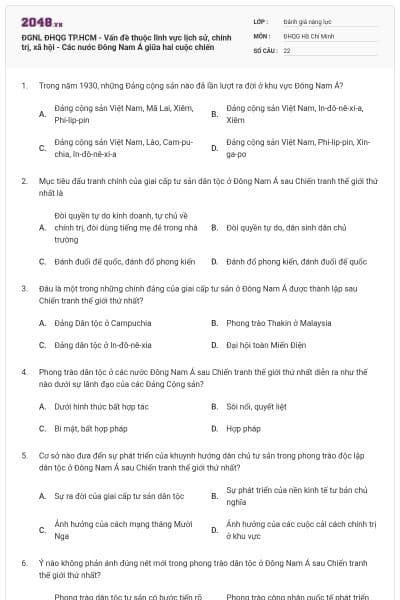 ĐGNL ĐHQG TP.HCM - Vấn đề thuộc lĩnh vực lịch sử, chính trị, xã hội - Các nước Đông Nam Á giữa hai cuộc chiến