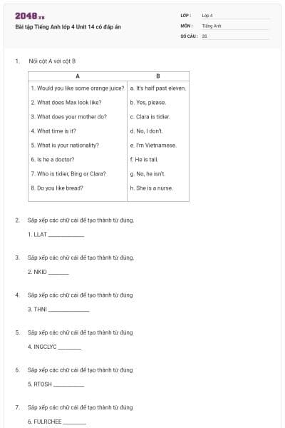 Bài tập Tiếng Anh lớp 4 Unit 14 có đáp án