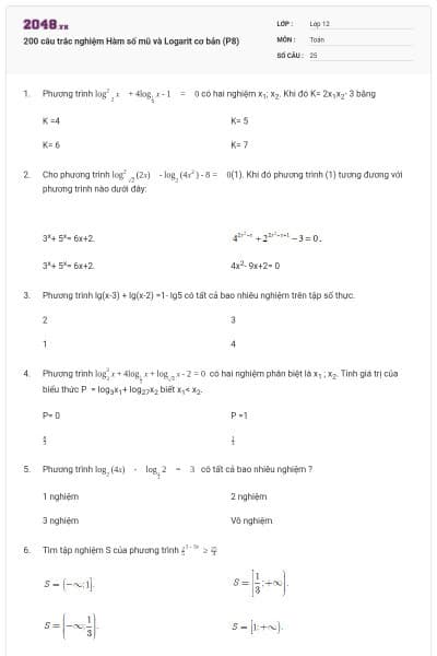200 câu trắc nghiệm Hàm số mũ và Logarit cơ bản (P8)