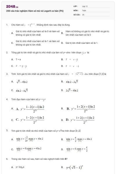 200 câu trắc nghiệm Hàm số mũ và Logarit cơ bản (P6)