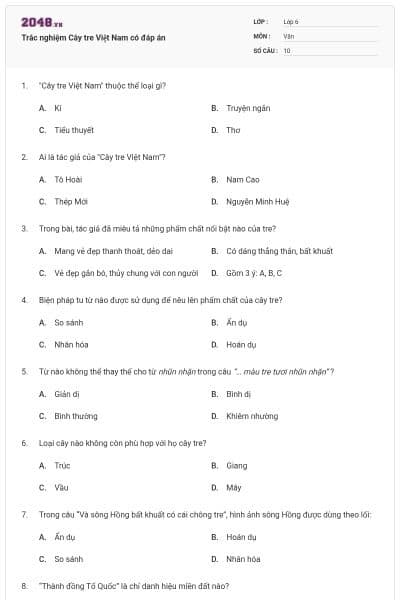 Trắc nghiệm Cây tre Việt Nam có đáp án