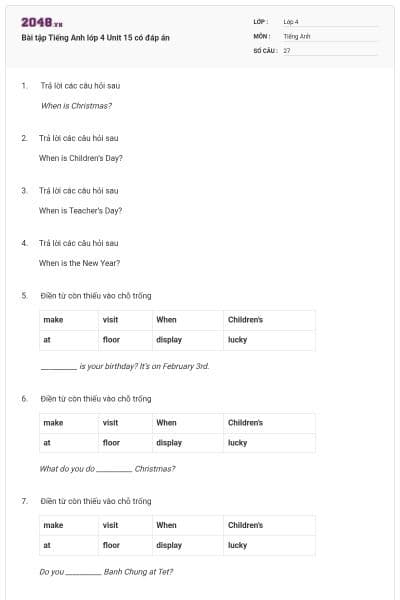 Bài tập Tiếng Anh lớp 4 Unit 15 có đáp án