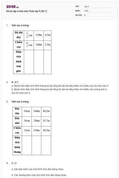 Đề ôn tập ở nhà môn Toán lớp 5 (đề 1)