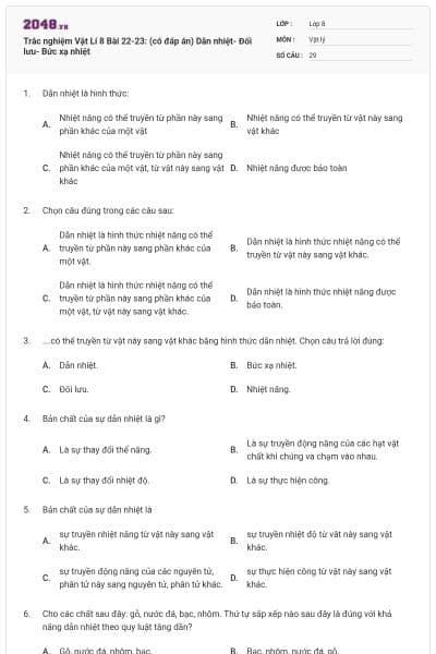 Trắc nghiệm Vật Lí 8 Bài 22-23: (có đáp án) Dẫn nhiệt- Đối lưu- Bức xạ nhiệt