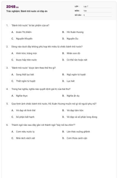 Trắc nghiệm: Bánh trôi nước có đáp án