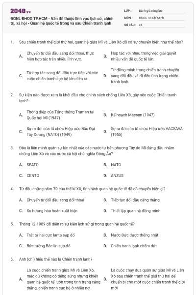 ĐGNL ĐHQG TP.HCM - Vấn đề thuộc lĩnh vực lịch sử, chính trị, xã hội - Quan hệ quốc tế trong và sau Chiến tranh lạnh