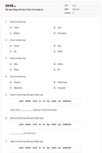 Bài tập Tiếng Anh lớp 4 Unit 16 có đáp án