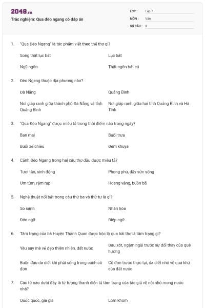 Trắc nghiệm: Qua đèo ngang có đáp án