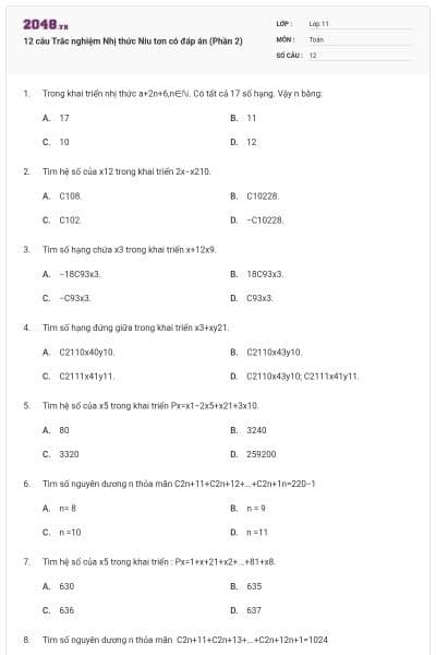 12 câu Trắc nghiệm Nhị thức Niu tơn có đáp án (Phần 2)