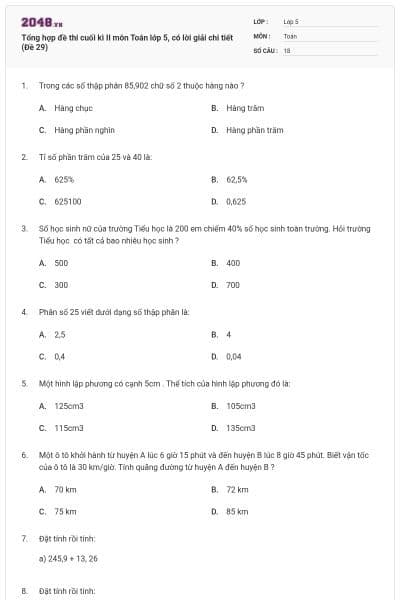 Tổng hợp đề thi cuối kì II môn Toán lớp 5, có lời giải chi tiết (Đề 29)