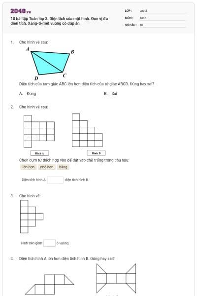 10 bài tập Toán lớp 3: Diện tích của một hình. Đơn vị đo diện tích. Xăng-ti-mét vuông có đáp án