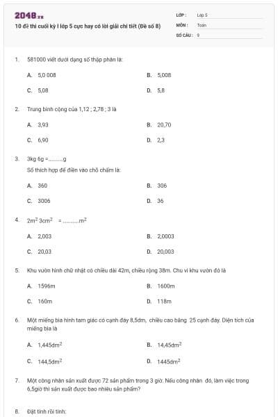10 đề thi cuối kỳ I lớp 5 cực hay có lời giải chi tiết (Đề số 8)