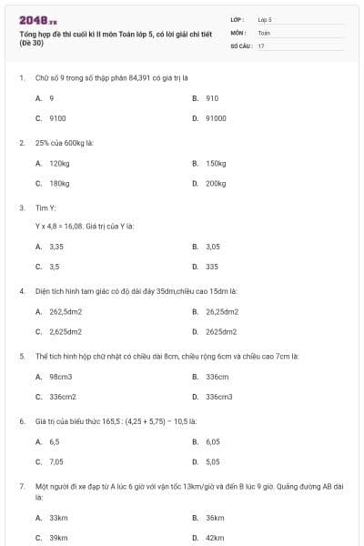Tổng hợp đề thi cuối kì II môn Toán lớp 5, có lời giải chi tiết (Đề 30)