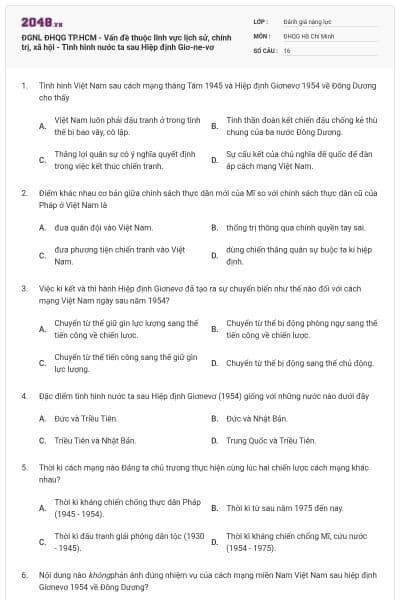 ĐGNL ĐHQG TP.HCM - Vấn đề thuộc lĩnh vực lịch sử, chính trị, xã hội - Tình hình nước ta sau Hiệp định Giơ-ne-vơ
