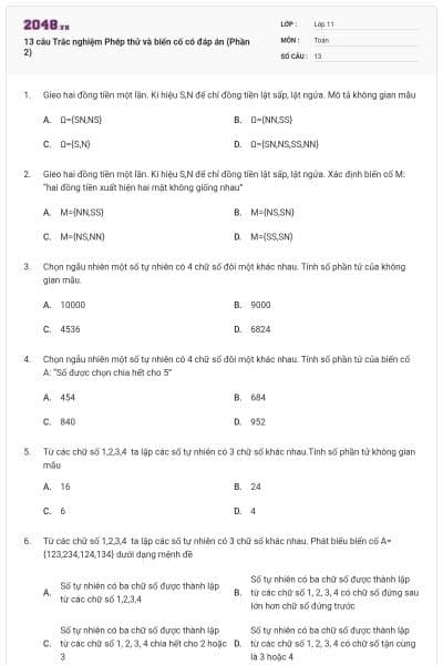13 câu Trắc nghiệm Phép thử và biến cố có đáp án (Phần 2)