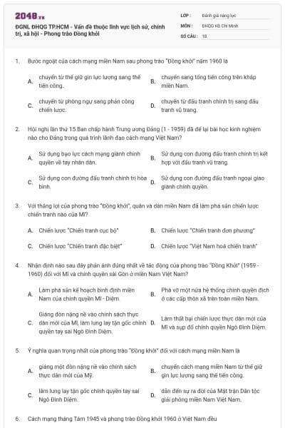 ĐGNL ĐHQG TP.HCM - Vấn đề thuộc lĩnh vực lịch sử, chính trị, xã hội - Phong trào Đồng khởi