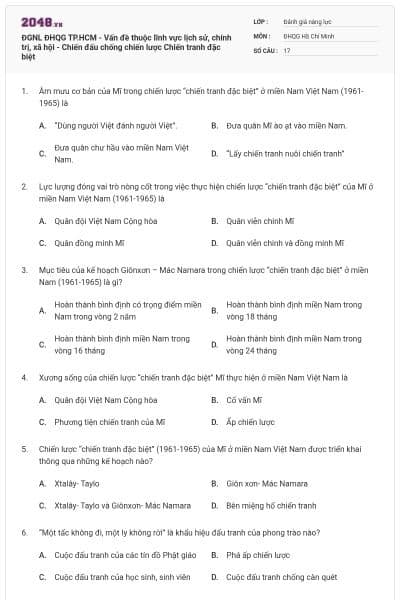 ĐGNL ĐHQG TP.HCM - Vấn đề thuộc lĩnh vực lịch sử, chính trị, xã hội - Chiến đấu chống chiến lược Chiến tranh đặc biệt