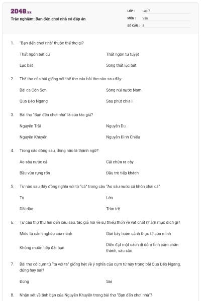 Trắc nghiệm: Bạn đến chơi nhà có đáp án