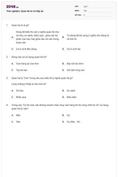 Trắc nghiệm: Quan hệ từ có đáp án