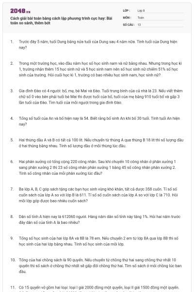 Cách giải bài toán bằng cách lập phương trình cực hay: Bài toán so sánh, thêm bớt