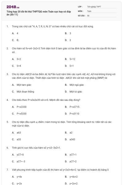 Tổng hợp 20 đề thi thử THPTQG môn Toán cực hay có đáp án (đề 11)