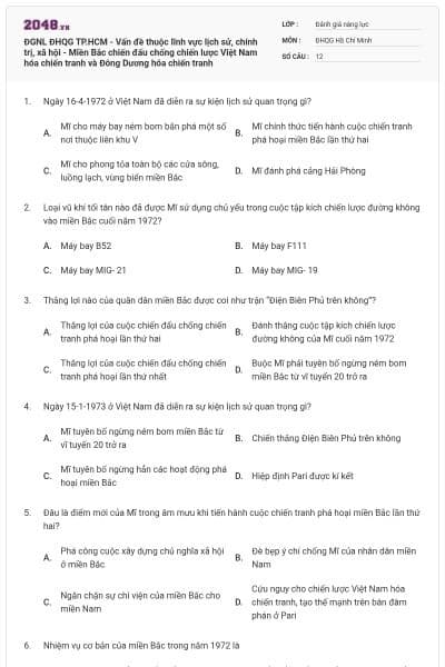 ĐGNL ĐHQG TP.HCM - Vấn đề thuộc lĩnh vực lịch sử, chính trị, xã hội - Miền Bắc chiến đấu chống chiến lược Việt Nam hóa chiến tranh và Đông Dương hóa chiến tranh