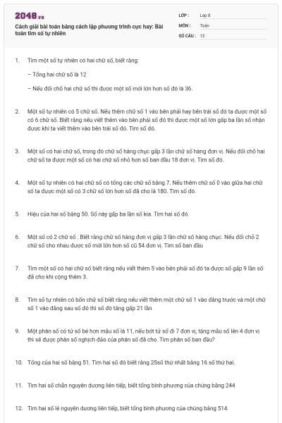 Cách giải bài toán bằng cách lập phương trình cực hay: Bài toán tìm số tự nhiên
