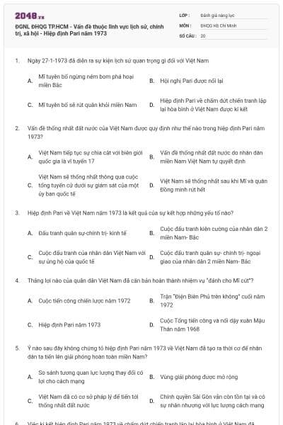 ĐGNL ĐHQG TP.HCM - Vấn đề thuộc lĩnh vực lịch sử, chính trị, xã hội - Hiệp định Pari năm 1973