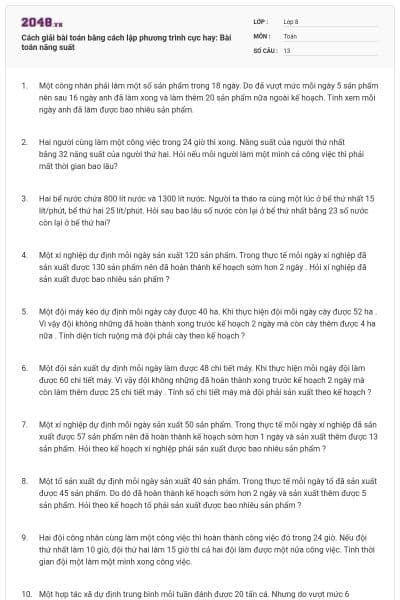 Cách giải bài toán bằng cách lập phương trình cực hay: Bài toán năng suất